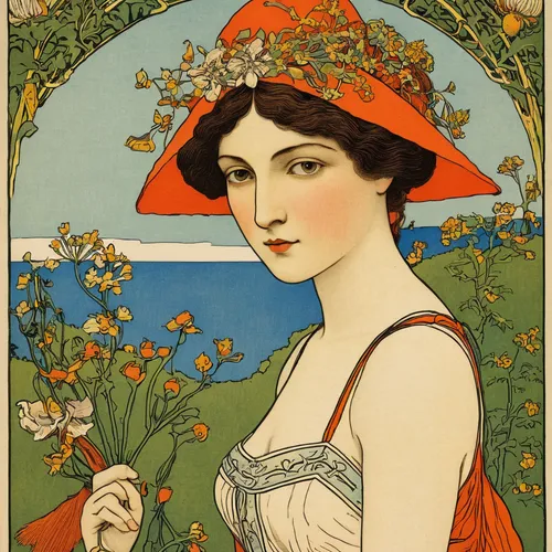 mucha,art nouveau,art nouveau design,girl in flowers,art nouveau frame,kate greenaway,vintage illustration,art nouveau frames,art deco woman,flora,orange blossom,charlotte cushman,advertising figure,girl in the garden,alfons mucha,1906,vintage art,vintage print,advertisement,1905,Illustration,Retro,Retro 11