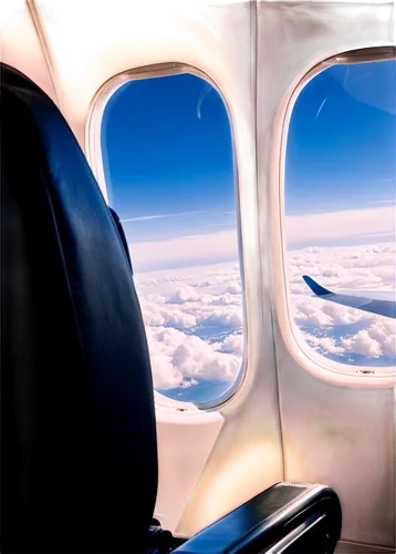 Airplane window view, sunny day, blue sky, white fluffy clouds, airplane seat, passenger's hand holding camera, slight reflection on window glass, panoramic view, 3/4 composition, shallow depth of fie