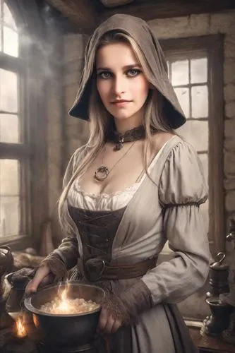 innkeeper,candlemaker,nelisse,the witch,clergywoman,petrova,kirtle,cupbearer,headmistress,barmaid,tinsmith,blacksmith,maidservant,smithing,noblewomen,scotswoman,housemaid,silversmith,gretel,girl in the kitchen,Photography,Realistic