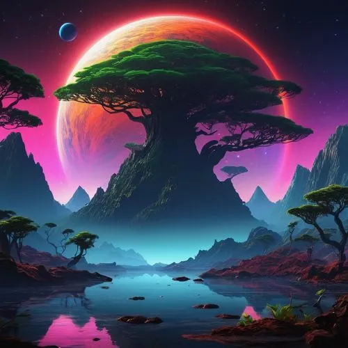 alien planet,colorful tree of life,alien world,fantasy landscape,tree of life,futuristic landscape,Conceptual Art,Sci-Fi,Sci-Fi 12