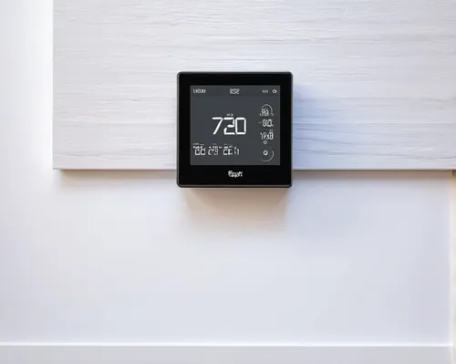 Enhance your living space with a smart temperature controller.,smart home,home automation,smarthome,digital clock,smart house,quartz clock,blur office background,thermostat,temperature display,office 