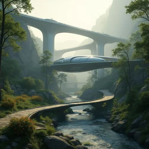 Valley location, innovative design, futuristic architecture, sleek lines, metallic materials, glass façade, curved structure, hovering impression, misty atmosphere, lush greenery, towering trees, wind