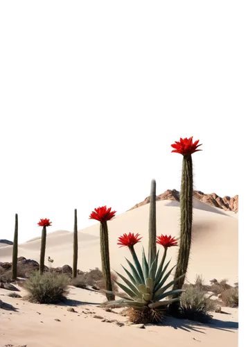 Desert landscape, sunny day, clear blue sky, few white clouds, sandy dunes, rocky ground, multiple tall cacti, thick green stems, sharp spines, red flowers blooming, 3/4 composition, low angle shot, w