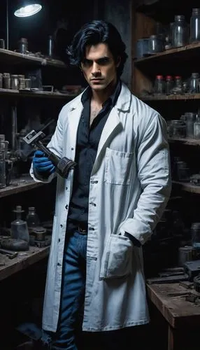 Ghost Maker, unmasked, male, 30s, muscular build, messy black hair, piercing blue eyes, sharp jawline, bold eyebrows, confident smirk, white lab coat, torn sleeves, black gloves, worn jeans, heavy boo