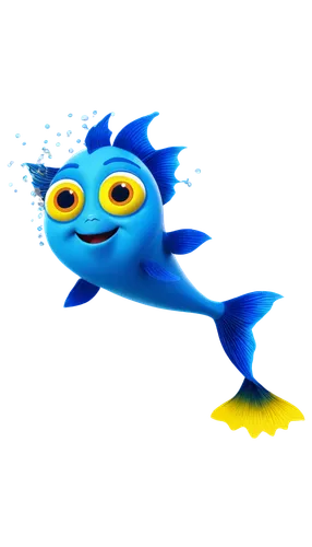 Colorful fish, cartoon style, smiling face, big eyes, yellow body, blue fins, white belly, shiny scales, swimming pose, dynamic movement, water splashes, bright lighting, 3/4 composition, shallow dept