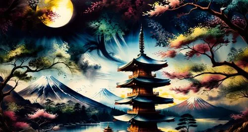 Mount Fuji and Pagoda,a painting of an oriental landscape with tall towers,japanese art,japanese lantern,japanese background,hiroshige,japan landscape,oriental lantern,Illustration,Paper based,Paper B