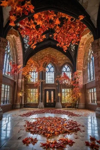 Kent State University, modern Gothic architecture, grand entrance hall, high ceilings, large windows, intricate stone carvings, red brick walls, ivy-covered exterior, sprawling campus grounds, autumn 