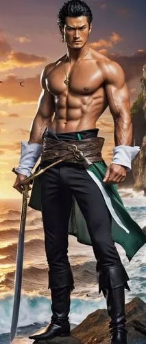 Muscular man, Roronoa Zoro, shirtless, toned chest, six-pack abs, ripped arms, black pants, white boots, standing, heroic pose, dramatic lighting, sunset background, rocky cliffside, ocean waves crash