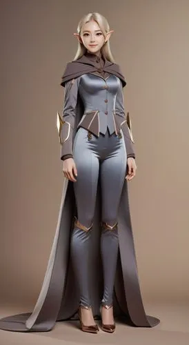 elf woman face model, suit,, angular cheekbones,  Strong and angular mandibule, smile, tall blonde elf  female, long neck  , suit, pointy ears, 3 meters tall, very tall, black hair,concept of asian el