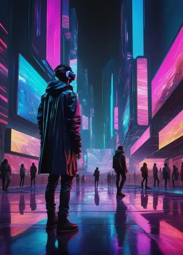 cyberpunk,futuristic,dystopian,neon arrows,neon lights,futuristic landscape,80s,colorful city,ultraviolet,metropolis,cg artwork,neon,pedestrian,80's design,cyber,neon ghosts,dystopia,vapor,neon light,would a background,Illustration,Retro,Retro 20