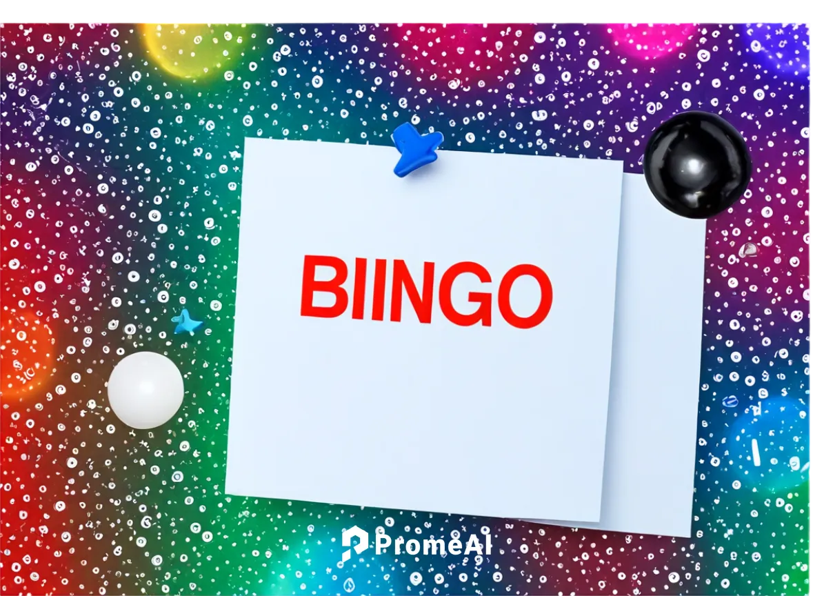 Bingo card, free clipart, colorful background, white borders, bold numbers, bright markers, playful font, shiny stars, confetti, 3D effects, close-up shot, soft focus, vibrant colors, circular composi