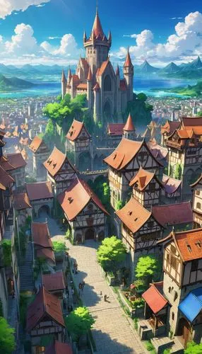 medieval town,knight village,meteora,yazaki,butka,aurora village,nakama,ancient city,mountain village,townsmen,highstein,machico,escher village,kanto,fantasy city,sylvania,ghibli,seborga,alpine village,pokaski,Illustration,Japanese style,Japanese Style 03