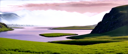 Landscape image, scenic view, vast open space, rolling hills, green grass, blue sky, white fluffy clouds, distant mountains, serpentine river, stones on shore, morning mist, warm sunlight, soft focus,