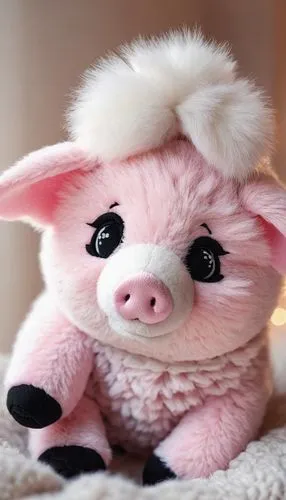 Cute piglet, plush toy, sitting, pink nose, curly tail, white fur, pink ears, big round eyes, shiny black hooves, soft cotton fabric, embroidered smile, hugging self, cozy atmosphere, warm lighting, p