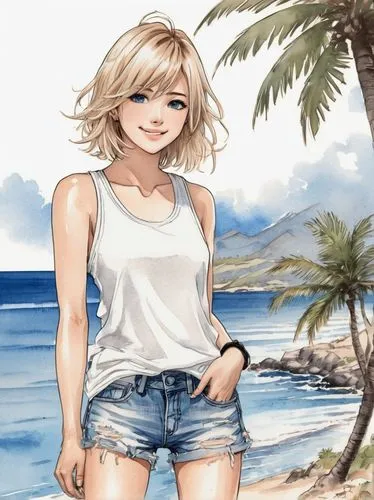 beach background,summer background,niijima,yachi,beach scenery,jean shorts,jeeta,maroma,fubuki,kaede,short blond hair,summer day,jeans background,honolulu,summer clothing,kanke,ocean background,asahina,watercolor background,straw hat,Illustration,Paper based,Paper Based 30