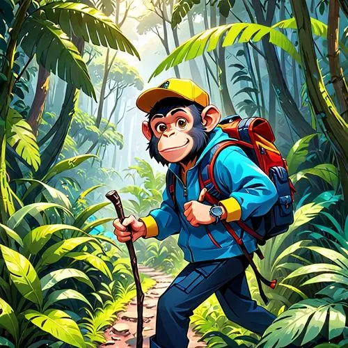 spelunker,simian,hiker,prosimian,explorer,adventurer,macaco,monkey soldier,game illustration,macaca,forest workers,primatologist,spelunkers,explorers,the monkey,monkey banana,monkey,tarzan,forest man,rainforest,Anime,Anime,General