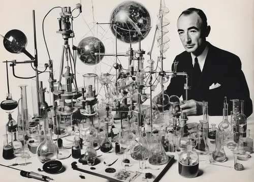 Illustrate Oppenheimer surrounded by scientific elements.,glasswares,orrery,matruschka,distillation,experimental musical instrument,test tubes,double head microscope,scientific instrument,percolator,g