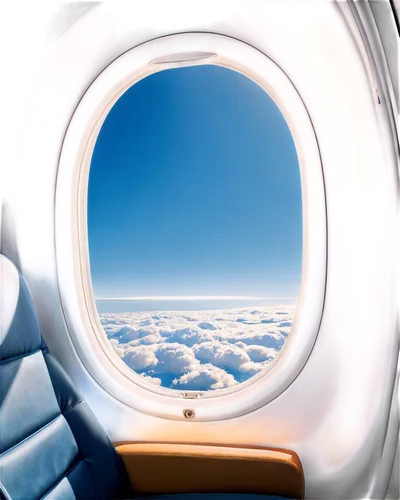 Airplane window, oval shape, double-layered glass, metal frame, white interior wall, soft cushion seat, blue sky outside, fluffy white clouds, sunlight reflection, 3/4 composition, shallow depth of fi