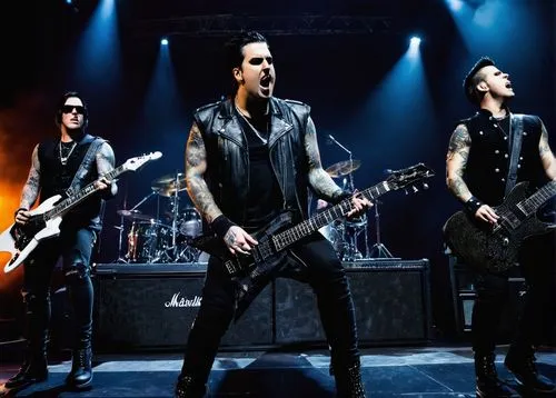 Avenged Sevenfold, heavy metal band, M Shadows, Synyster Gates, Zacky Vengeance, Johnny Christ, Brooks Wackerman, stage performance, spotlight, leather jackets, black pants, aggressive facial expressi