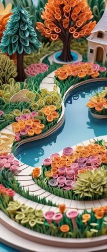 Modern landscape architecture, surrealistic meme scene, colorful 3D rendering, curved lines, abstract shapes, futuristic buildings, neon lights, vibrant flowers, wavy paths, irregularly shaped ponds, 