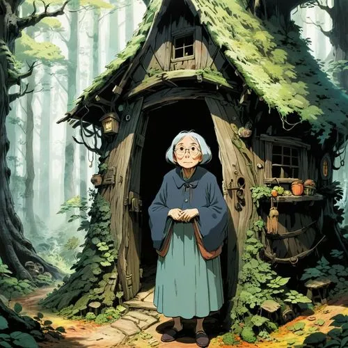 The old witch from Hansel & Gretel Studio Ghibli Hayao Miyazaki in middle of the sinister woods standing before her shack
,innkeeper,witch's house,old woman,house in the forest,witch house,studio ghib