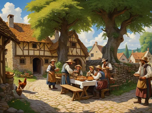 tavern,village scene,medieval street,medieval market,pilgrims,rathauskeller,merchant,pub,escher village,village life,knight village,medieval town,gnomes at table,villagers,old village,alpine village,street scene,tjena-kitchen,wine tavern,medieval,Art,Artistic Painting,Artistic Painting 32