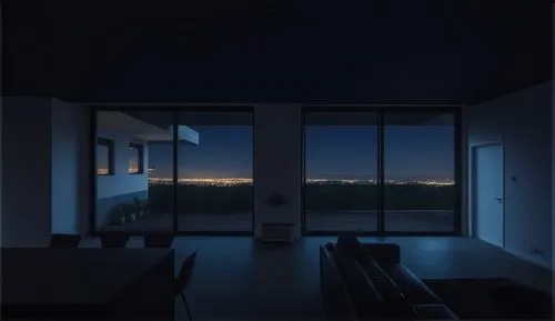 It is late at night. The sky is black.,a room with some windows that overlook a view of the city,house silhouette,blue room,sky apartment,nightlight,bedroom window,modern room,night light,soir,sleepin