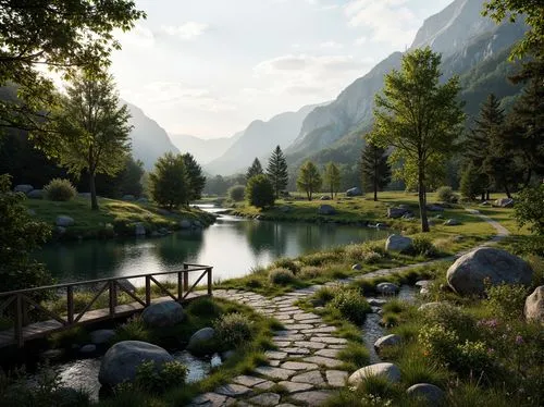 salt meadow landscape,landscape background,oberland,alpine landscape,fantasy landscape,riverwood,riftwar,river landscape,mountain spring,gondolin,meadow landscape,mountain stream,world digital painting,rivendell,small landscape,hiking path,brook landscape,nature landscape,mountain landscape,mountain meadow