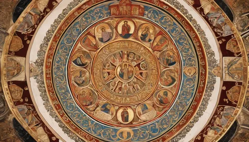 fresco,circular ornament,harmonia macrocosmica,dartboard,dharma wheel,astronomical clock,ceiling,the aztec calendar,mandala,dome roof,romanesque,byzantine,tapestry,christ star,tabernacle,romanian orthodox,detail,st mark's basilica,ancient icon,vatican museum,Illustration,Realistic Fantasy,Realistic Fantasy 43