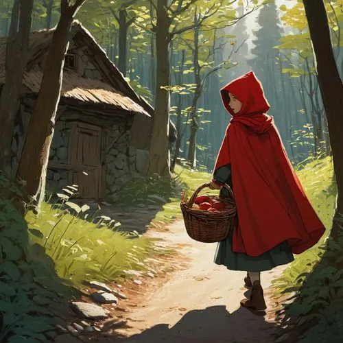 little red riding hood,red riding hood,red cape,girl walking away,red coat,the wanderer,Illustration,Black and White,Black and White 02