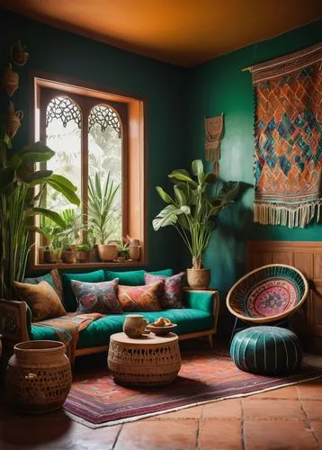 moroccan pattern,majorelle,marrakesh,interior decor,bohemian art,alcove,marocco,morocco,cabana,boho art style,sitting room,marrakech,riad,house plants,tropical house,houseplants,la kasbah,decor,marocchi,tagines,Illustration,Abstract Fantasy,Abstract Fantasy 22