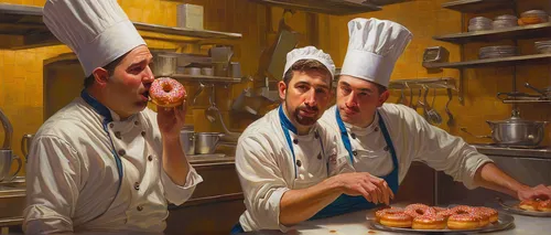 Compose a humorous dialogue between two doughnut chefs trying to come up with the perfect flavor.,zeppole,sufganiyah,chefs,cooking book cover,chef's uniform,pastry chef,chefs kitchen,pastry shop,marzi