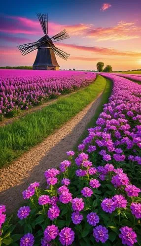 dutch landscape,the netherlands,netherlands,dutch windmill,purple landscape,tulip fields,tulip field,flower field,field of flowers,holland,tulips field,tulip festival,blooming field,splendor of flowers,beautiful landscape,sea of flowers,windmill,north holland,flower in sunset,flowers field,Photography,General,Realistic