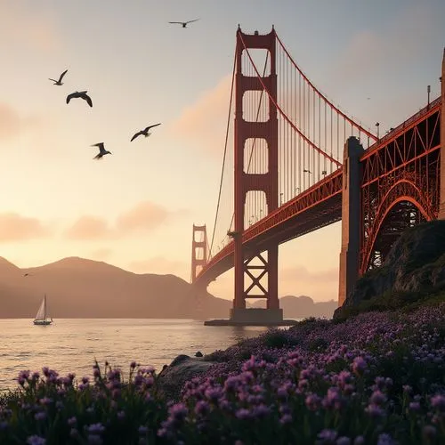 Golden gate bridge, majestic architecture, intricate details, golden hue metal beams, ornate railings, sunset time, warm soft lighting, gentle mist, San Francisco, foggy atmosphere, seagulls flying ov