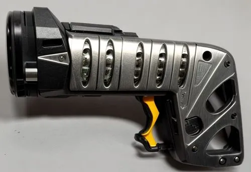 cyberpunk gun with small metal elements,buoyancy compensator,handgun holster,bicycle drivetrain part,alligator clamp,bicycle pedal,bicycle stem,a pistol shaped gland,automotive brake part,tactical fla