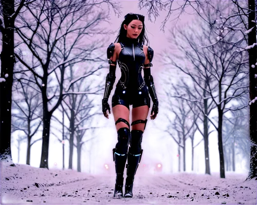 winterblueher,latex clothing,gothic woman,gothic dress,ice rain,gothic fashion,dark angel,dark elf,winter background,katniss,suit of the snow maiden,huntress,ice queen,ice princess,goth woman,the snow queen,the snow falls,eternal snow,winter dress,humanoid,Conceptual Art,Sci-Fi,Sci-Fi 09