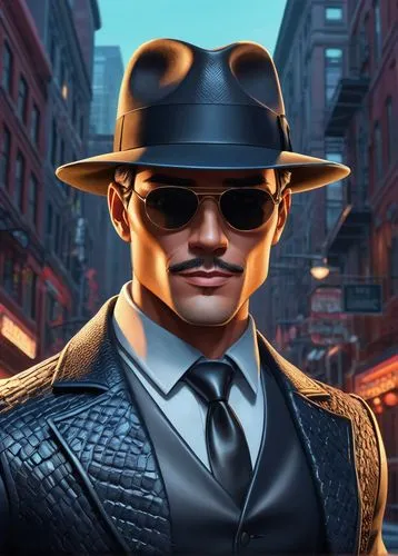 Investigator, detective, mysterious, vest, leather, formal wear, sharp teeth, scaly skin, powerful jaws, sunglasses, fedora hat, city street, noir lighting, low-angle shot, cinematic composition.,comm