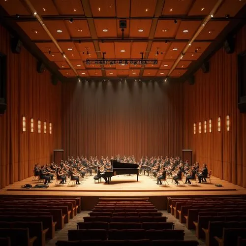 Elegant performance hall, curved wooden panels, sound-absorbing materials, acoustic ceilings, tiered seating, professional lighting rigs, grand pianos, orchestral instruments, refined wood flooring, v