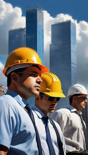 Civil engineer, architect, standing, back-to-back, contrasting outfits, hard hat, blueprints, construction site, skyscraper, cityscape, sunny day, dramatic cloud formations, strong shadows, cinematic 