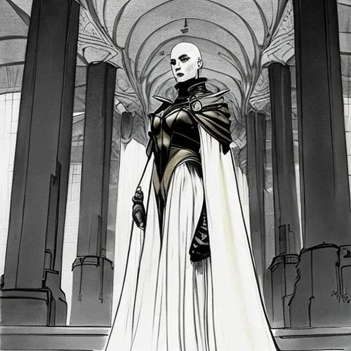 powerful bald female leader in futuristic clothes and long cape, painting by Frank Frazetta,imperial coat,goddess of justice,costume design,priestess,queen cage,emperor,dance of death,dark elf,widow,t