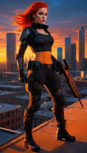 black widow,femme fatale,huntress,female warrior,hard woman,renegade,woman holding gun,xmen,mercenary,x-men,daredevil,dusk background,cyberpunk,fiery,girl with gun,x men,barb wire,superhero background,girl with a gun,avenger,Illustration,Realistic Fantasy,Realistic Fantasy 32