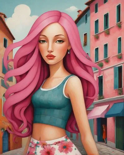 A pretty woman with long pink hair and clean clothes，by Didier Lourenço,italian painter,world digital painting,la violetta,mermaid background,pink lady,girl with cloth,fuchsia,girl portrait,young wom