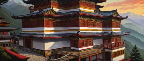 Traditional Bhutanese architecture, Buddhist temple, intricate wood carvings, vibrant colorful paintings, golden roofs, red pillars, white walls, tiered roofs, prayer flags, serene mountain backdrop, 