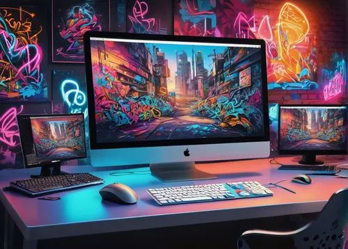 imac,apple desk,blur office background,computer desk,desk,computer workstation,desktop computer,computer room,creative office,desk top,mac,mac pro and pro display xdr,colorful background,music workstation,working space,setup,work space,graphic design studio,3d background,computer art,Conceptual Art,Graffiti Art,Graffiti Art 09