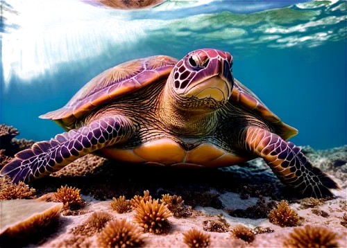 Sea turtle, slow movement, green shell, fins, seaweed wrapped around body, coral reef background, tropical ocean, sunny day, shallow water, 3/4 composition, close-up face, soft natural light, warm col