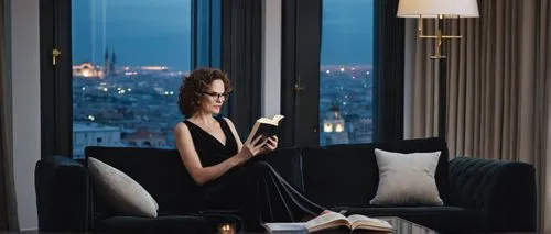 Modern luxury living room, mature lady, 30s, reading book, comfortable posture, glasses, curly brown hair, natural makeup, elegant black dress, sitting on a velvet sofa, surrounded by tall floor lamps