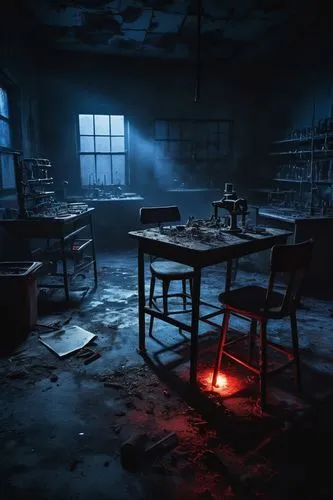 chemical laboratory,abandoned room,a dark room,laboratory,the kitchen,classroom,abandoned places,empty factory,the morgue,scene lighting,visual effect lighting,dark cabinetry,abandoned place,kitchen table,class room,cold room,abandoned factory,asylum,kitchen,school desk,Illustration,Realistic Fantasy,Realistic Fantasy 44