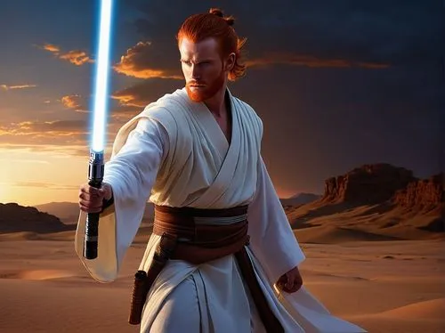 Red-headed Jedi, powerful muscular male, strong facial features, intense gaze, red hair tied back in a ponytail, white robes with brown belts, holding a blue lightsaber, standing heroically, sunset ba