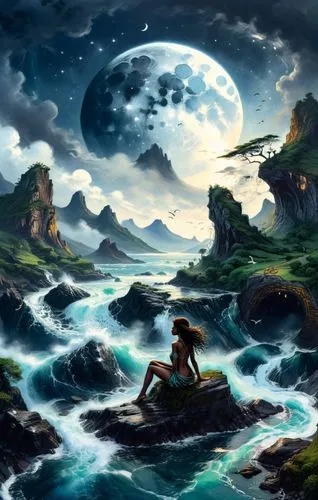 a girl sitting on a rock surrounded by mountains in the moonlight,fantasy picture,hoenn,fantasy landscape,fantasy art,dreamscapes,cartoon video game background,Illustration,Realistic Fantasy,Realistic