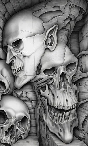 remix this pen sketch,some very detailed artwork with skulls in it,skull drawing,biomechanical,skulls,skull illustration,skull bones,skullduggery,Photography,General,Realistic